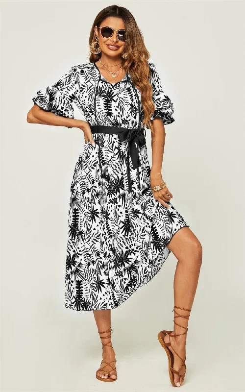 Floral Print Hem Sleeve Midi Dress In Black