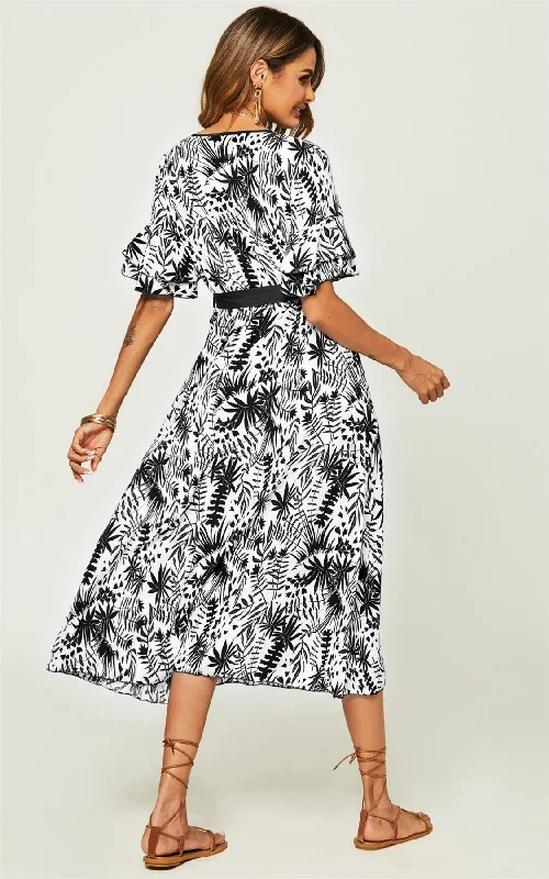 Floral Print Hem Sleeve Midi Dress In Black