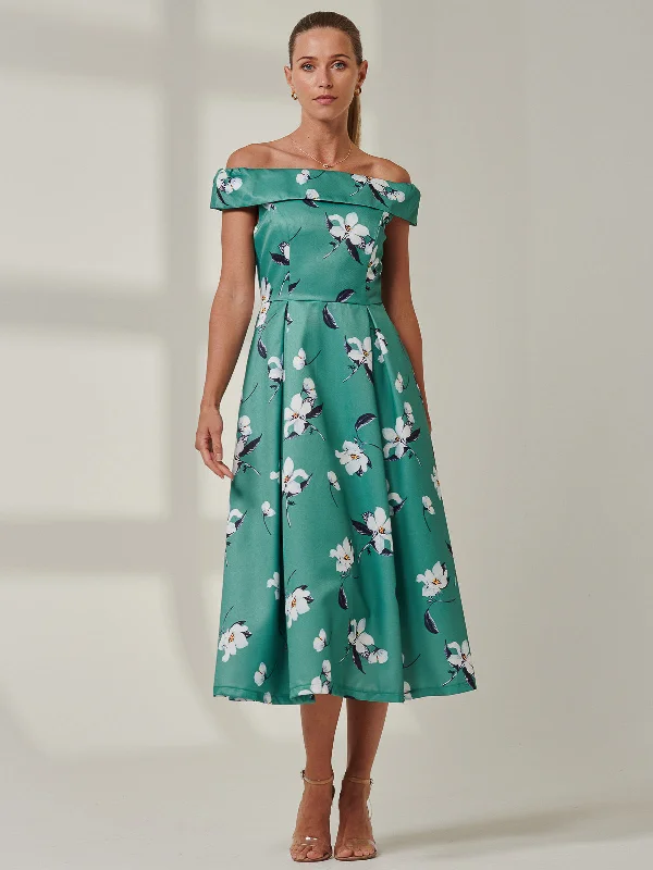 Floral Print  Midi Prom Dress, Teal Floral