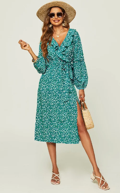 Floral Print Ruffle Hem Front Wrap Slit Leg Midi Dress In Green