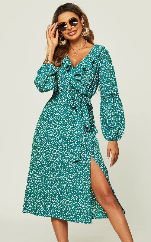 Floral Print Ruffle Hem Front Wrap Slit Leg Midi Dress In Green