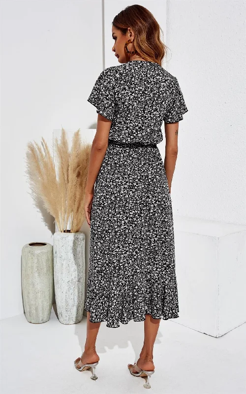 Floral Print Wrap Hem Midi Dress In Black