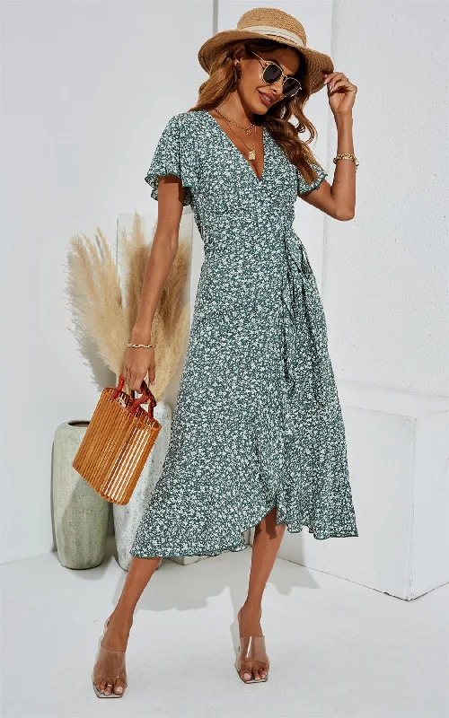 Floral Print Wrap Hem Midi Dress In Green