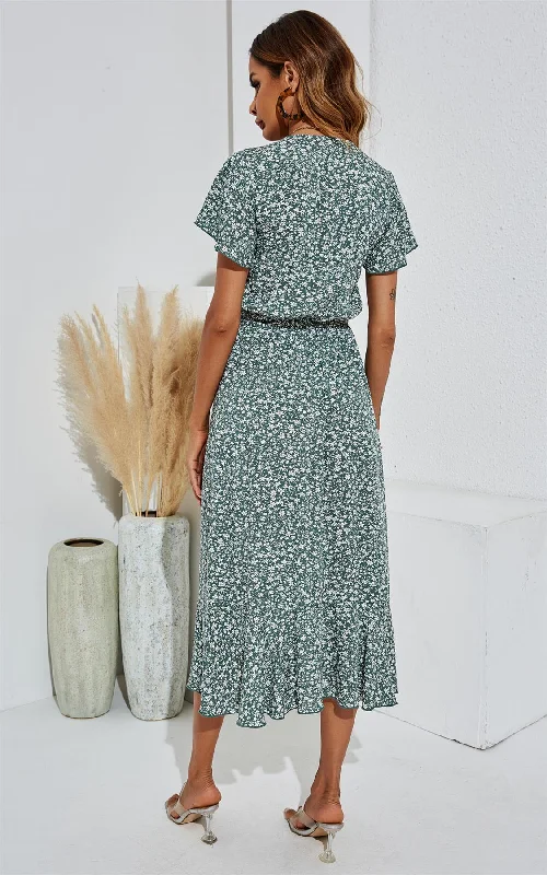 Floral Print Wrap Hem Midi Dress In Green