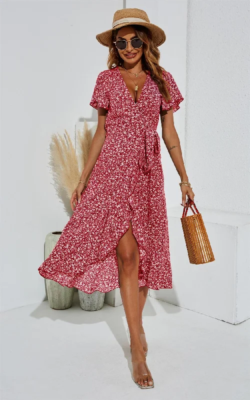 Floral Print Wrap Hem Midi Dress In Red