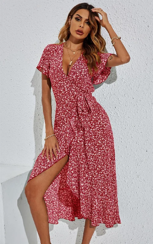 Floral Print Wrap Hem Midi Dress In Red