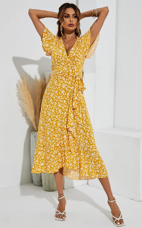 Floral Print Wrap Hem Midi Dress In Yellow