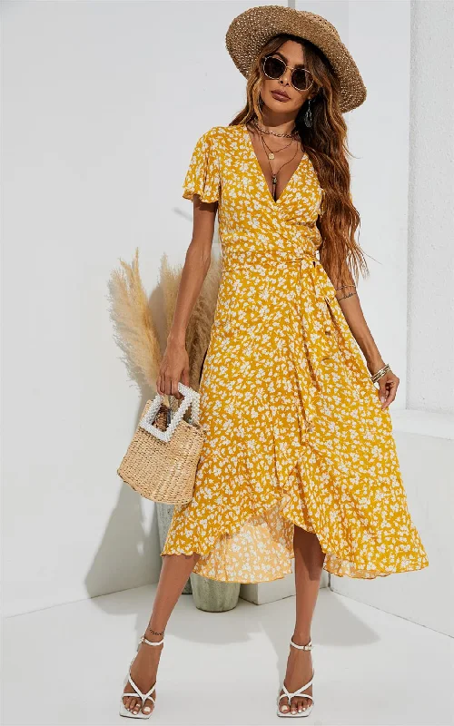 Floral Print Wrap Hem Midi Dress In Yellow