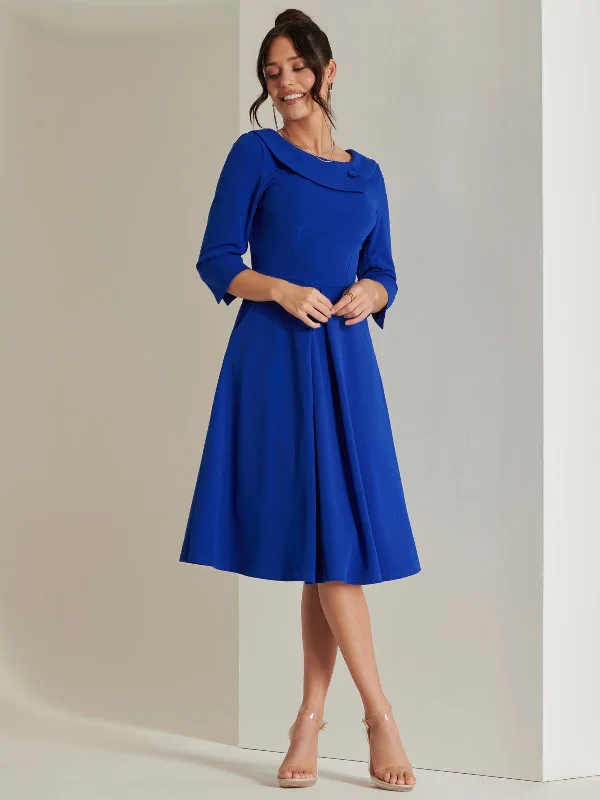 Fold Neckline Sleeved Midi Dress, Royal Blue