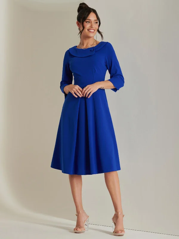 Fold Neckline Sleeved Midi Dress, Royal Blue