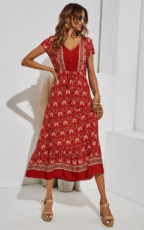 Golden Floral Printed Tiered Midi Dress In Red