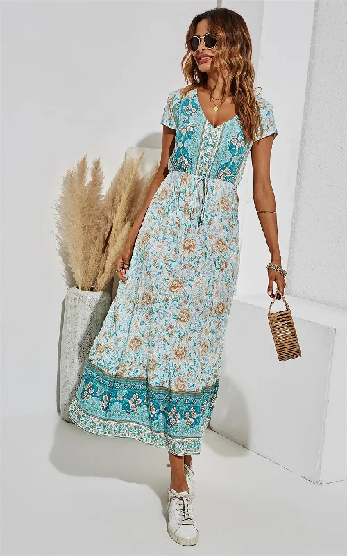 Golden Floral Printed Tiered Midi Dress In Turquoise Blue