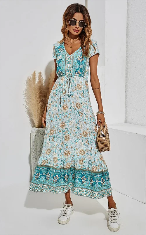 Golden Floral Printed Tiered Midi Dress In Turquoise Blue