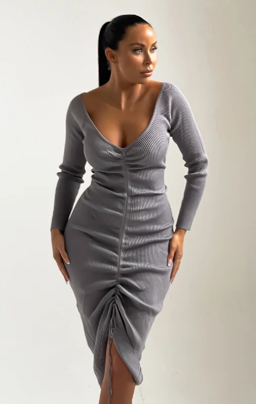 Grey Ribbed V Neck Ruched Long Sleeve Bodycon Midi Dress-Karen