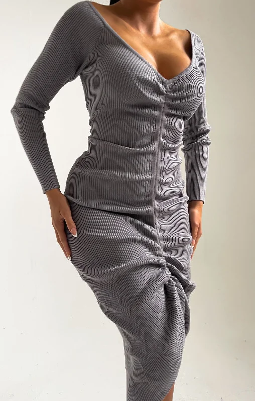 Grey Ribbed V Neck Ruched Long Sleeve Bodycon Midi Dress-Karen