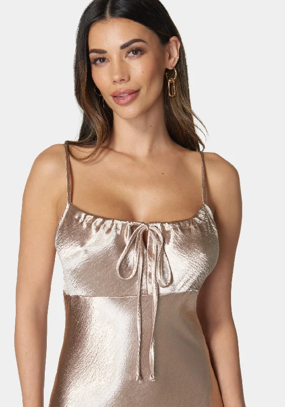 Hammered Satin Rouche Midi Dress With Tie