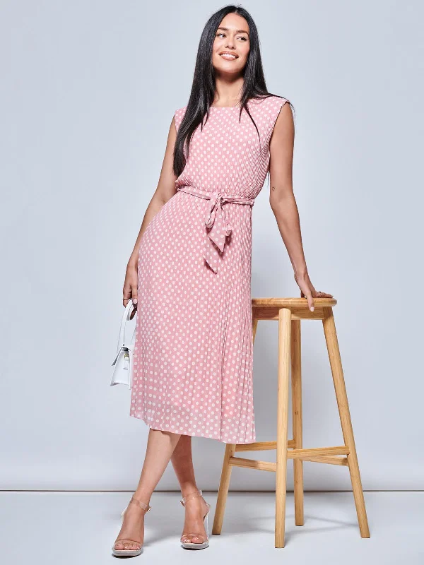 Hayes Pleated Chiffon Midi Dress, Pink Polka