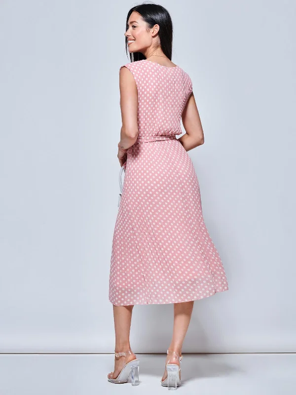 Hayes Pleated Chiffon Midi Dress, Pink Polka