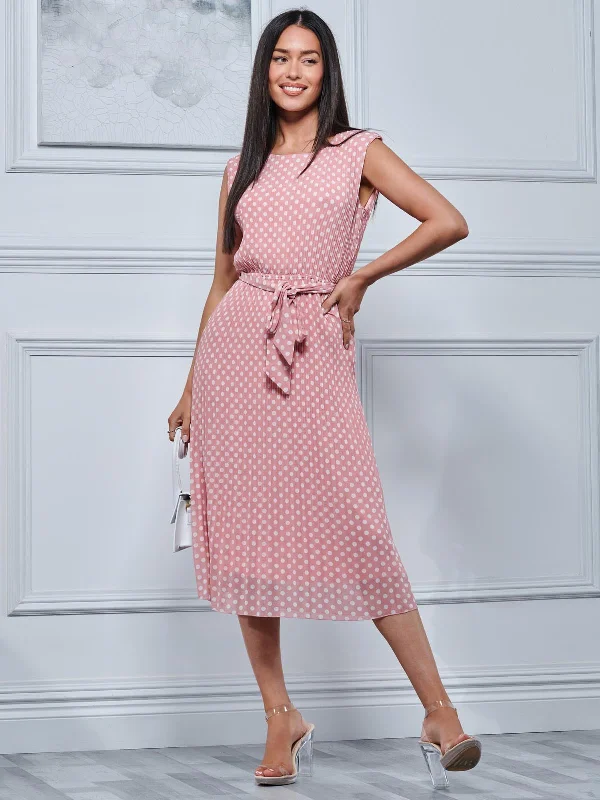 Hayes Pleated Chiffon Midi Dress, Pink Polka