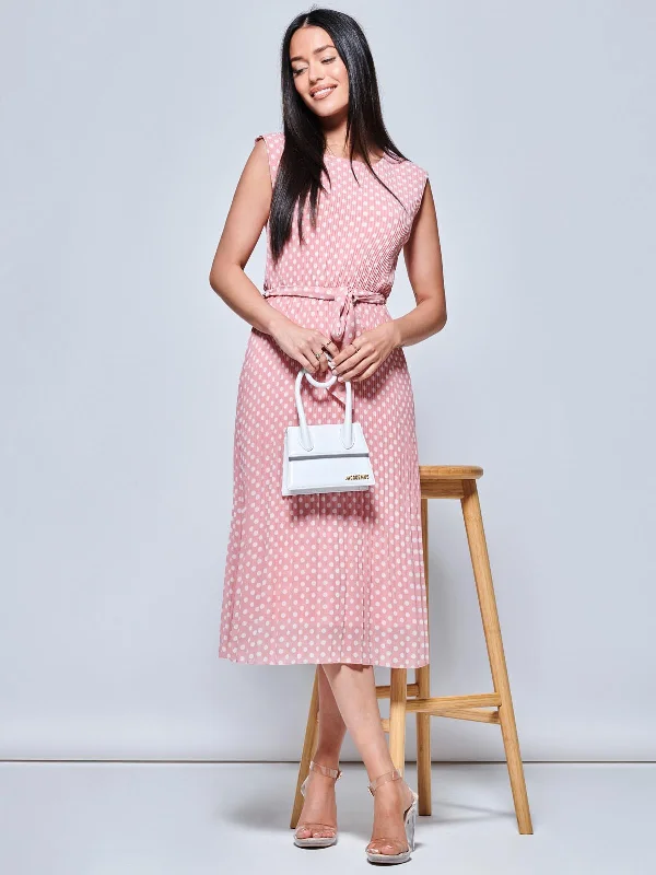 Hayes Pleated Chiffon Midi Dress, Pink Polka