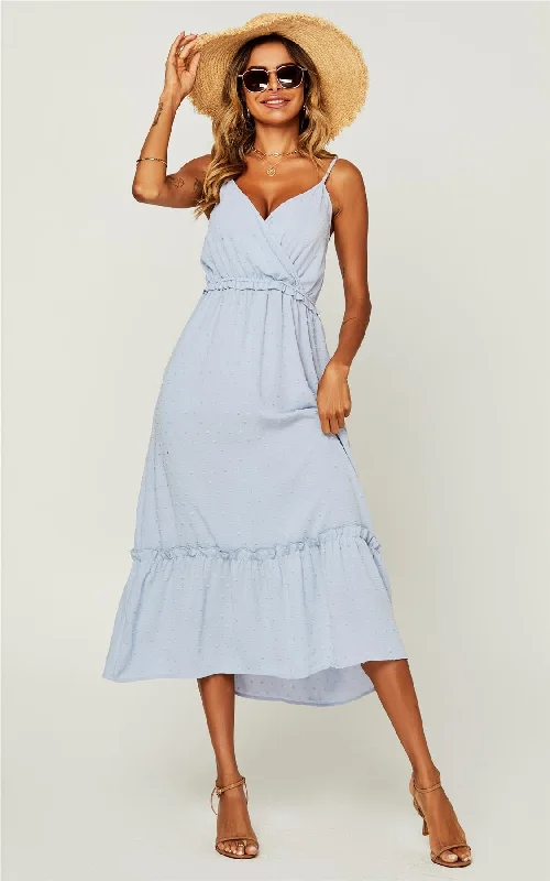 Hem Frill Detail Wrap Strappy Midi Dress In Grey Blue