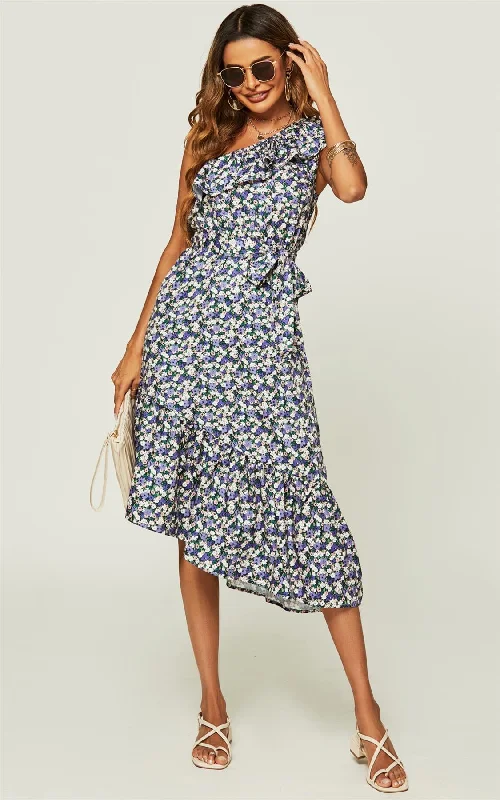 Hem Ruffle One Shoulder High Low Midi Dress In Purple Flora Print