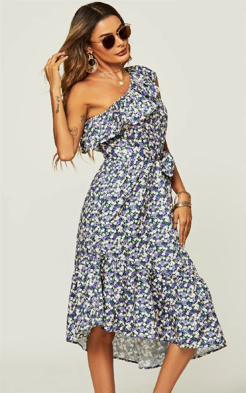 Hem Ruffle One Shoulder High Low Midi Dress In Purple Flora Print