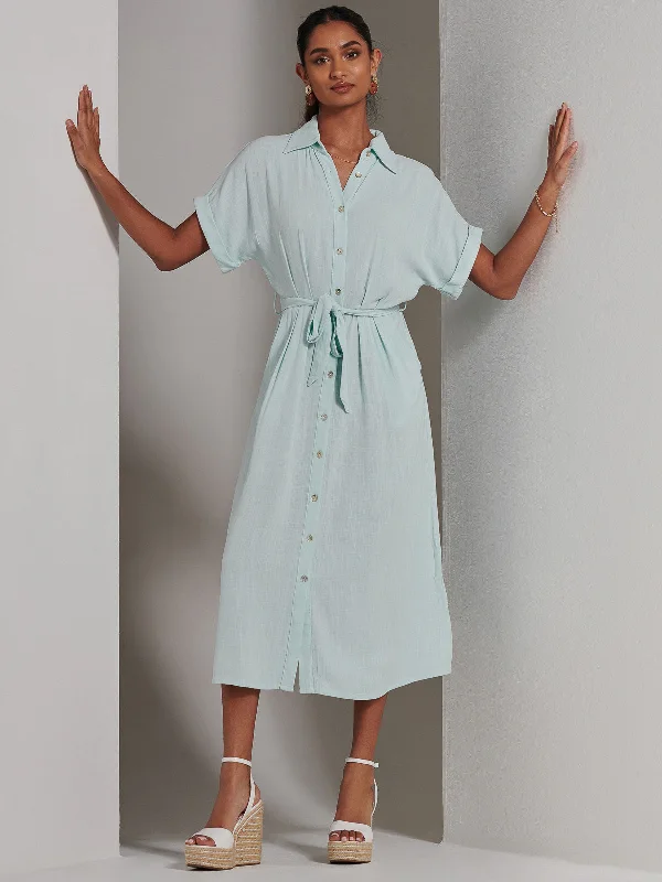 Jessie Linen Shirt Midi Dress, Light Blue