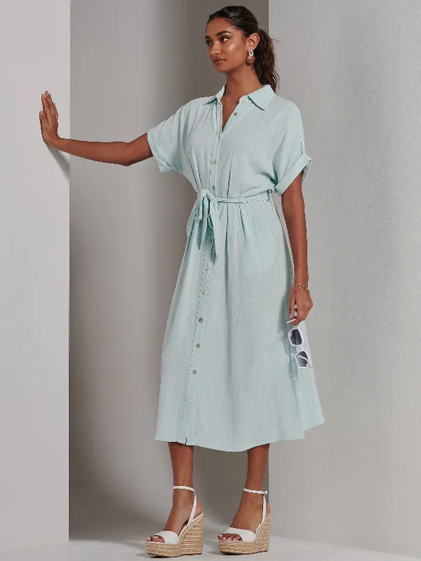 Jessie Linen Shirt Midi Dress, Light Blue