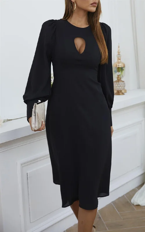 Keyhole Neck Midi Dress In Black