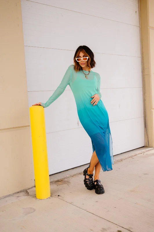 Mad About You Long Sleeve Mesh Dress in Mermaid Ombre