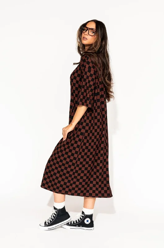 Ozzy Dress in Black + Mocha Checkerboard