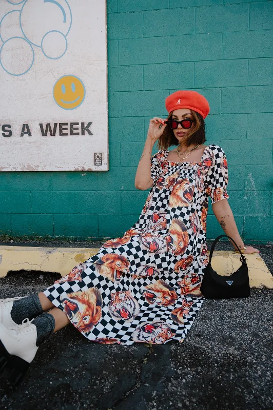 Palm Springs Smocked Dress in Lions, Tigers, Check, Oh My!