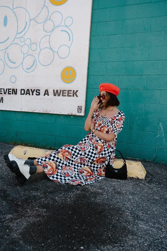 Palm Springs Smocked Dress in Lions, Tigers, Check, Oh My!