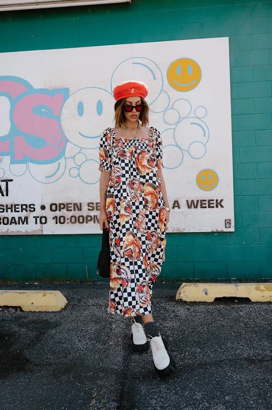 Palm Springs Smocked Dress in Lions, Tigers, Check, Oh My!