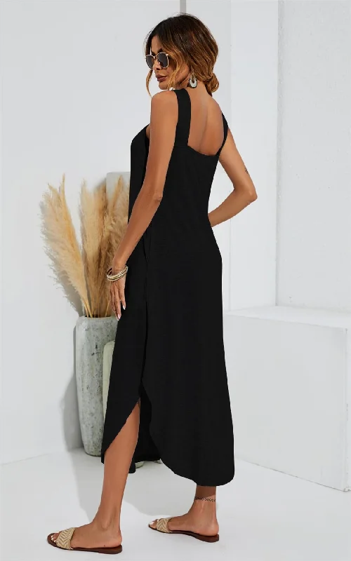 Leg Slip Halter Neck Curve Hem Midi Dress In Black