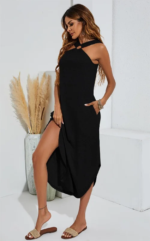 Leg Slip Halter Neck Curve Hem Midi Dress In Black