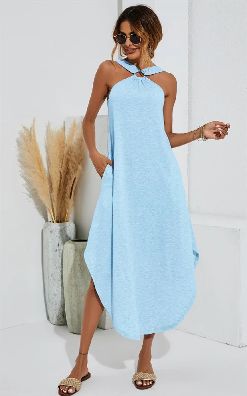 Leg Slip Halter Neck Curve Hem Midi Dress In Blue