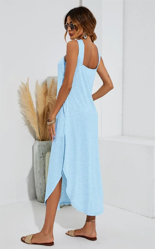 Leg Slip Halter Neck Curve Hem Midi Dress In Blue