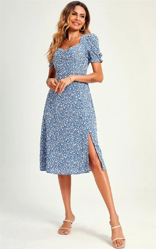 Little Flora Print Tie Front Slip Leg Dress In Blue