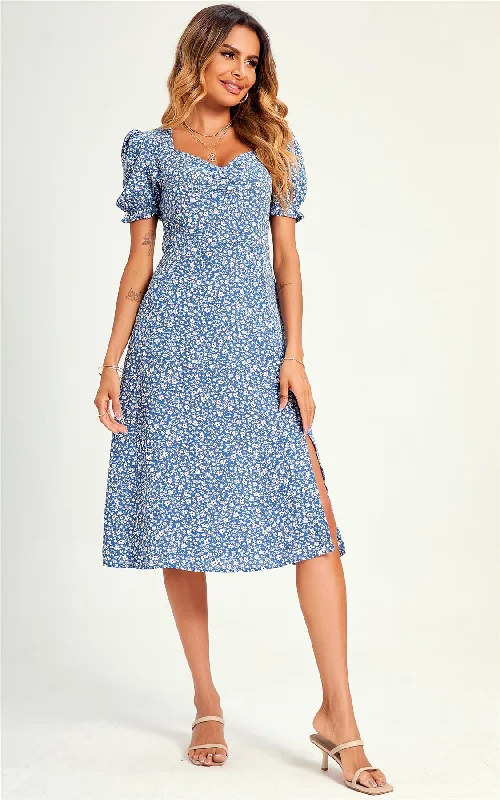 Little Flora Print Tie Front Slip Leg Dress In Blue