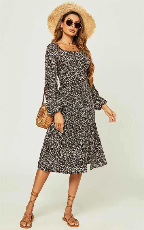 Long Sleeve Slip Leg Elasticated Detail Midi Dress In Black Flora Print