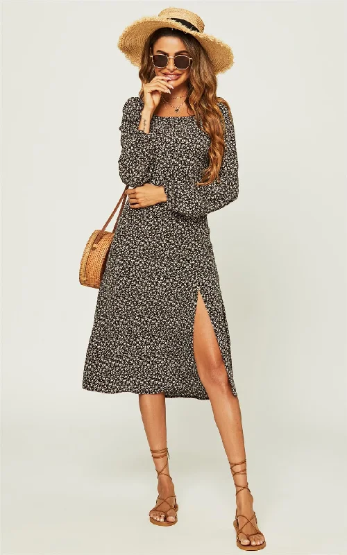 Long Sleeve Slip Leg Elasticated Detail Midi Dress In Black Flora Print