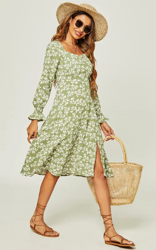 Long Sleeve Slip Leg Midi Dress In Green Flora Print