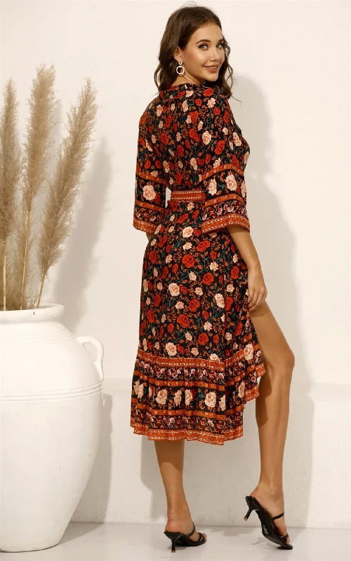 Midi Wrap Dress In Black & Red Rose Floral Print