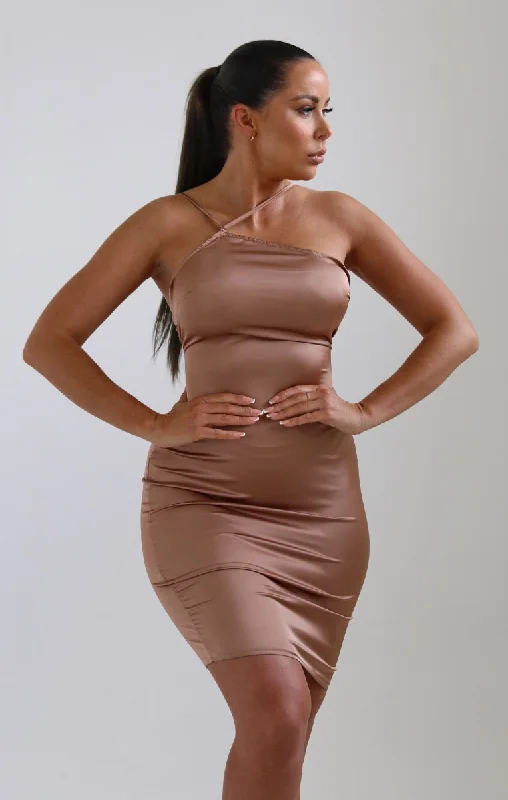 Mocha Asymmetric Strap Bodycon Midi Dress - Lexine