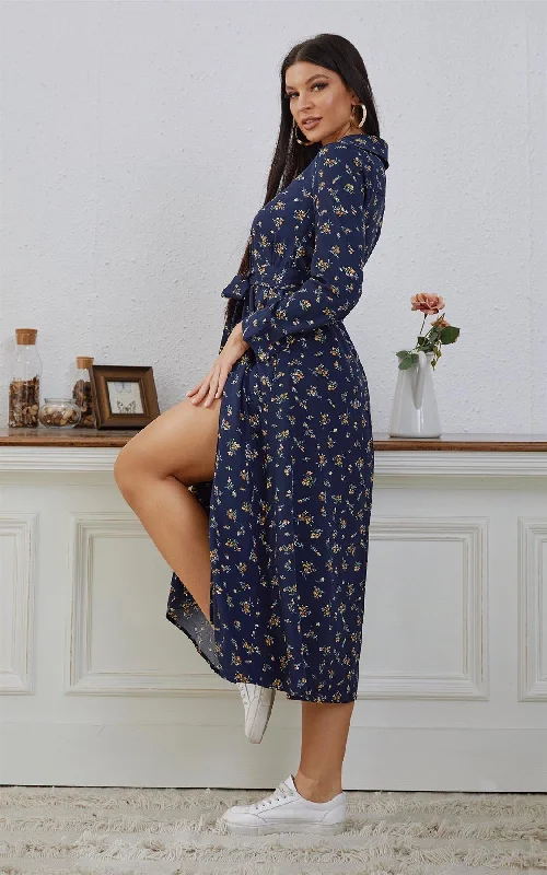 Navy Floral Print Midi Shirt Dress With Tie Waist + Free Gold Stretch Leaf Belt