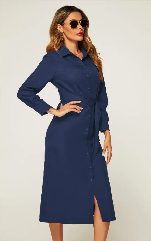 Navy Midi Shirt Dress With Tie Waist