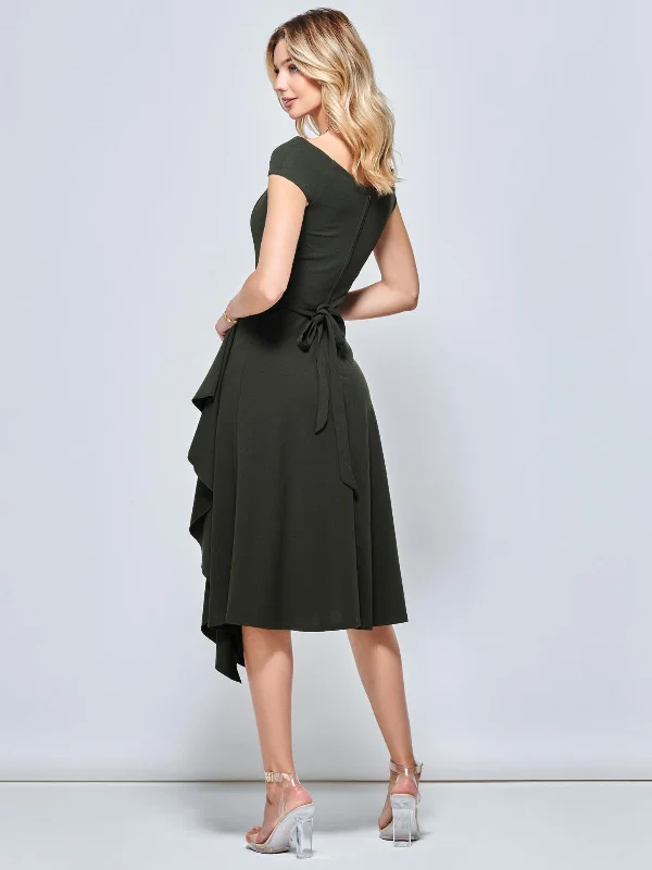 Off Shoulder Frill Ponte Midi Dress, Soldier Green