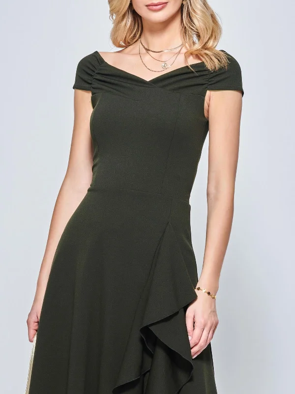 Off Shoulder Frill Ponte Midi Dress, Soldier Green